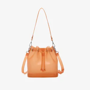 Detailed front view of orange frosted TPU transparent jelly bucket bag with drawstring