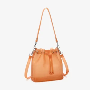 Detailed view of matte orange TPU jelly bucket bag with sleek drawstring closure