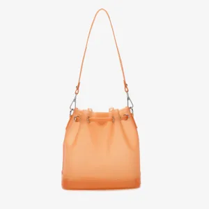 Minimalist frosted orange TPU jelly bucket bag with drawstring closure and strap