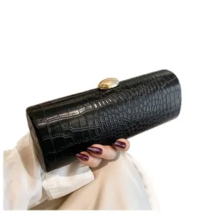 Vintage black crocodile pattern long baguette clutch bag with gold clasp for parties