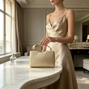 Elegant gold evening clutch featuring a unique rose bud handle in a luxury setting