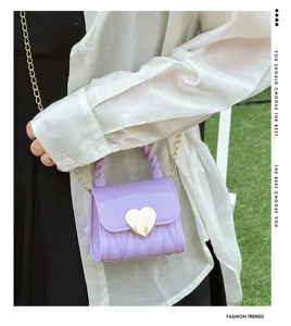 Lavender purple mini heart lock PVC jelly crossbody bag with stylish gold chain strap