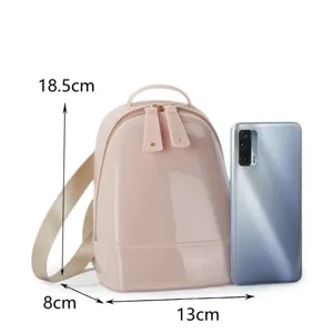 Detailed size view of the pink mini jelly backpack featuring clear dimension markings