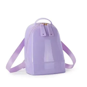 Side view of a glossy lavender PVC mini backpack with zipper and adjustable straps.