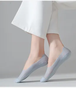 Close-up detail of women's breathable thin ice silk mesh no-show boat socks with cotton sole.