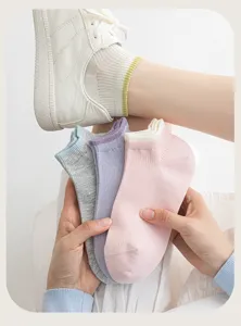 Breathable cotton summer boat socks for women, comfortable short ankle socks with mesh design.
