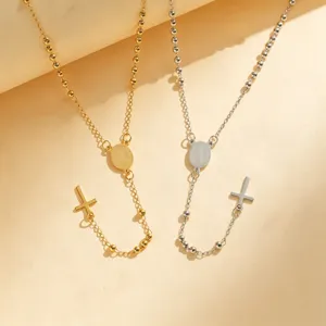 Collana a Croce della Vergine Maria in Acciaio Inossidabile Vintage Catena a Sfere del Rosario Retrò Collana con Pendente Donna
