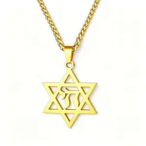 Gold stainless steel Star of David necklace with Hebrew Chai pendant for men and women