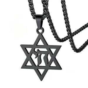 Black stainless steel Star of David pendant necklace with Hebrew Chai symbol detail