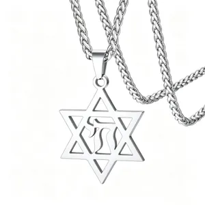 Detail view of a silver stainless steel Star of David pendant with Hebrew amulet symbol