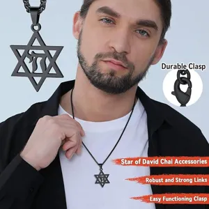Black stainless steel Star of David Chai pendant necklace with durable lobster clasp