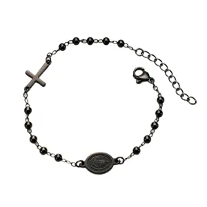 Handcrafted black stainless steel rosary bracelet featuring a cross and religious medal