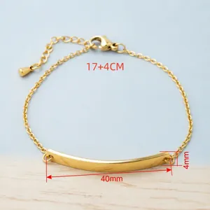 Detail view of minimalist gold stainless steel curved bar bracelet with dimensions
