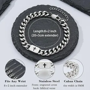 Detailed macro view of stainless steel Cuban bracelet with cross engraving and 9mm width