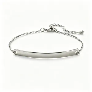 Detailed view of minimalist stainless steel bracelet featuring a curved engravable metal bar