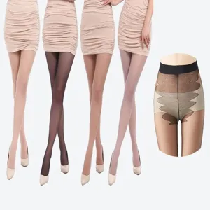 Ultra-thin sheer pantyhose detail showing high waist shaping design and transparent leg texture.
