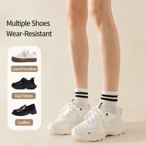 Women's spring and summer solid color cotton socks with classic double stripes for daily wear.