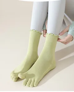 Women five toe yoga socks pilates non slip mid tube lace ruffled green fitness hosiery