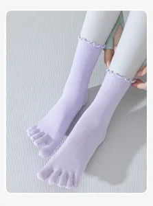 Women solid color lavender ruffle cuff five toe yoga socks breathable cotton athletic socks