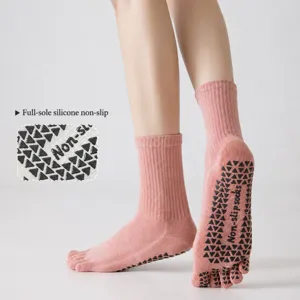 Women's Pure Cotton Five Finger Yoga Socks Mid Calf Non Slip Pilates Exercise Fitness Athletic Toes Socks
