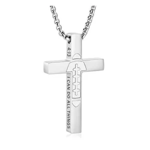 Stainless steel cross pendant necklace featuring engraved football design and scripture