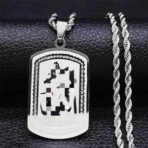 Men Stainless Steel Rectangle Arabic Etching Dog Tag Pendant Necklace Retro Ethnic Rope Pearl Chain Jewelry Accessory Gift