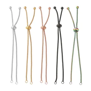 Detailed view of five adjustable stainless steel bolo bracelet chains for DIY jewelry making