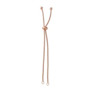 Close-up of rose gold stainless steel bolo bracelet chain with adjustable slider bead.