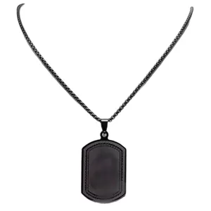 Black stainless steel rectangular pendant necklace for men with engraved border design