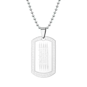 Detail view of stainless steel dog tag necklace with Thai Ha Taew Yant scriptures