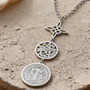 Edelstahl Hexenknoten Pentagramm Sankt-Benedikt-Medaille Dreifach Anhänger Halskette Für Damen Religiös Gotisch Schmuck Choker