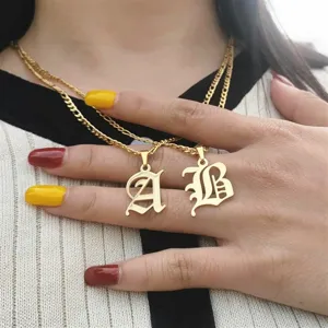 Vintage Gothic Old English Initial Letter Pendant Necklace Stainless Steel Gold Silver Plated Alphabet Fashion Necklaces