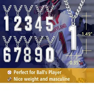 Detail of stainless steel number pendants with 1.49-inch height dimension for athletes.