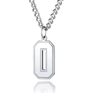Detailed macro view of a silver stainless steel number 0 pendant on a classic curb chain.