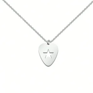 Detail of a silver guitar pick necklace with a cutout five-pointed star pendant