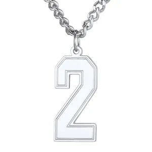 Detailed view of stainless steel number 2 pendant with minimalist silver chain
