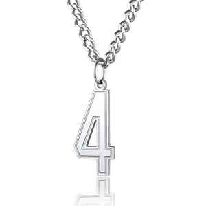 Close-up of minimalist stainless steel number 4 pendant necklace with cuban chain