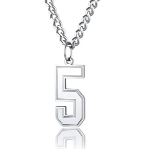 Close-up of silver stainless steel number 5 sports pendant on a durable curb chain
