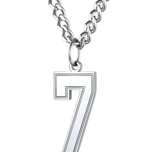Detailed close-up of silver stainless steel necklace with a number 7 numeral pendant