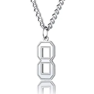 Close-up of minimalist stainless steel number 8 pendant necklace for men and women