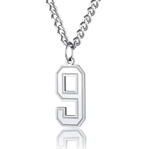 Close-up detail of silver stainless steel chain necklace with number 9 pendant