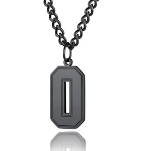 Detailed view of black stainless steel varsity number 0 sports pendant necklace