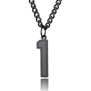 Close-up view of a minimalist black stainless steel number 1 pendant on a sturdy curb chain