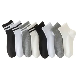 Women short cotton socks, classic black white grey solid and double stripe sports ankle socks.