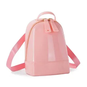 Detailed view of the pink glossy PVC mini shell backpack with a stylish finish