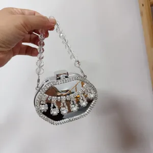 Detail view of mini evening clutch with rhinestones, pearls and clear beaded handle