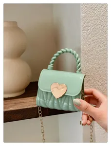 Mint green heart lock mini PVC jelly bag with gold chain strap for women.