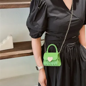Trendy lime green heart-shaped lock mini PVC jelly crossbody bag with gold chain strap