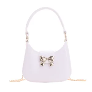 Elegant lavender PVC jelly bag with a gold bowknot and chain strap for women