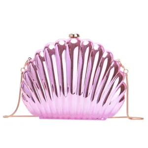Fashionable candy color pink metallic shell clutch with elegant gold chain strap